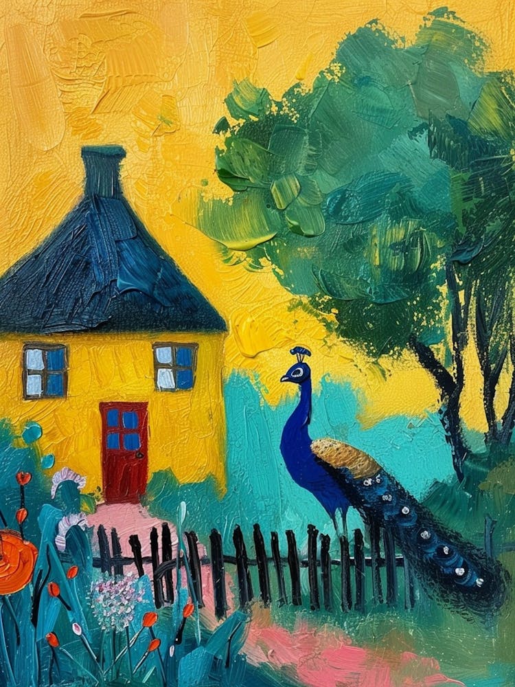 Peacock By A Thatched Cottage Textured Painting 3