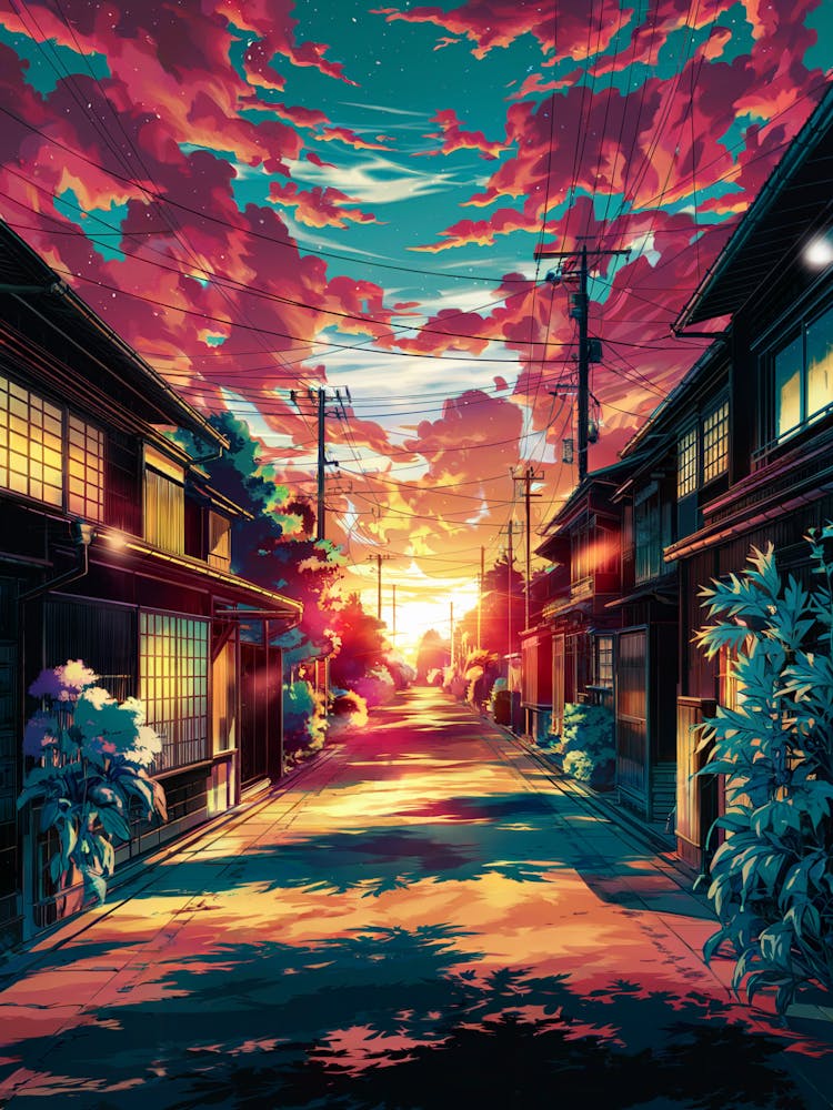 Lofi Canvas Art: Vibrant Anime & Sunset Cityscape, Perfect for Urban Aesthetic Room Decor, Manga Lover Gift