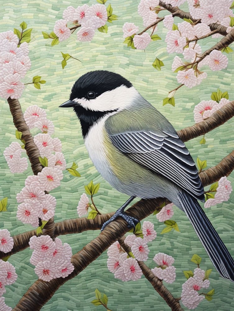 Ohara Koson Inspired Bird Painting Carolina Chickadee 2