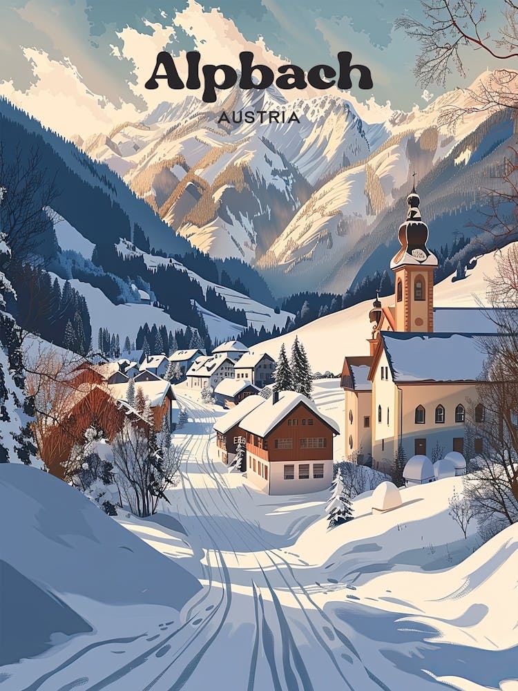 Alpbach Austria Winter Travel Illustration