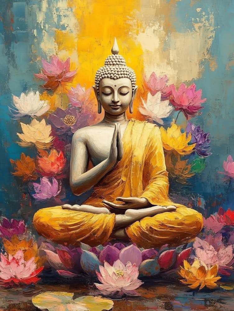 Clam Buddha Surrounded By Colorful Lotus Flower