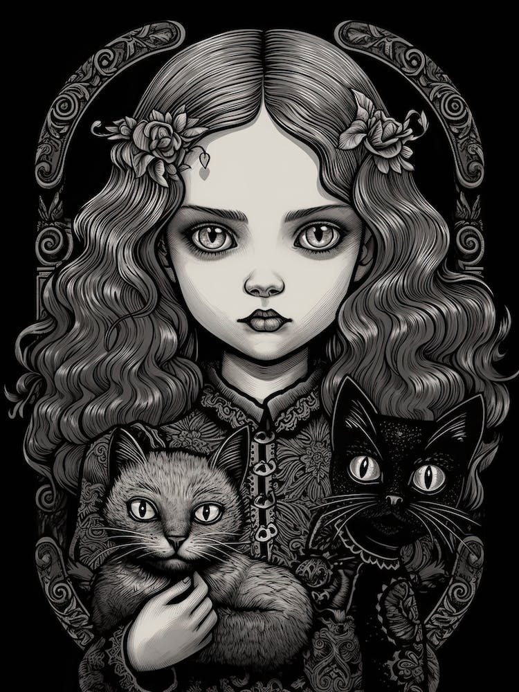 Wednesday Addams And A Cat Line Art Noveau 6 Fan Art
