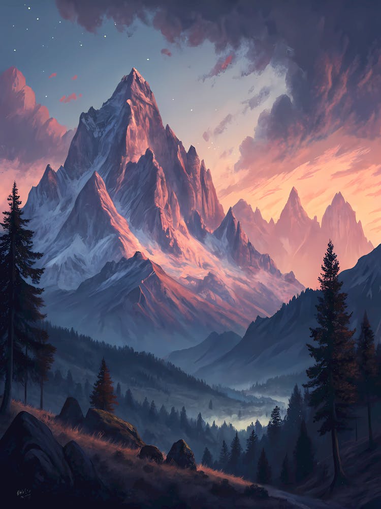 Oil Painting Style Twilight Mountain Majesty Sunset Peaks & Forest Valley