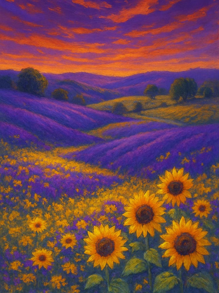 Tournesols Au Coucher du Soleil