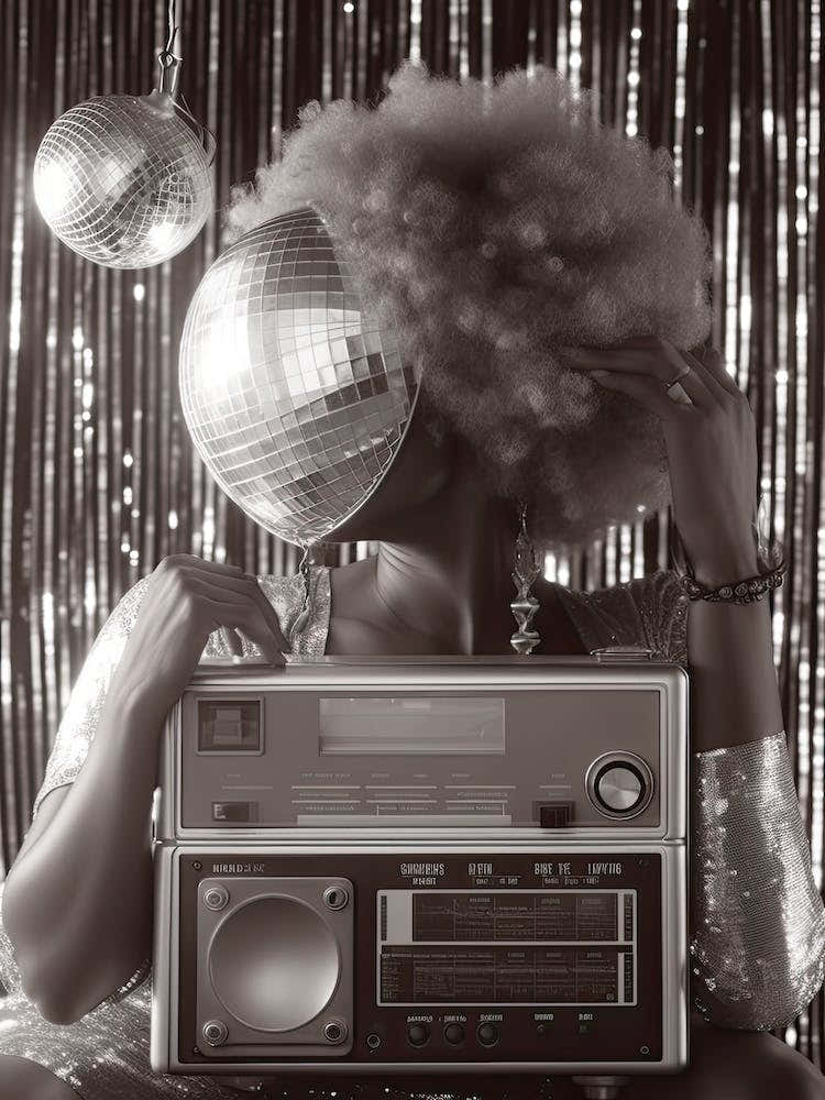 Black And White Woman With A Disco Ball And Boombox 0