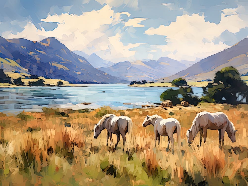 Horses Painting In Lake District, New Zealand, Landscape 1