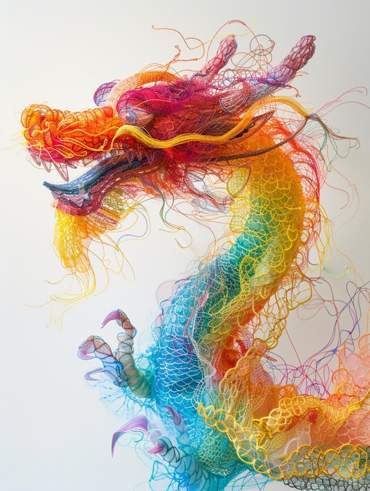 Children S Hand Drawings, Installation Art, Knitting, Wool, Fiber Art, Tulle Fabrics, Chinese Dragons, Cartoon Cute Dragons, Rainbow Colors, Detailed Dreams, Holographic, Fluorescent, Ethereal, Ultra Fine Deta