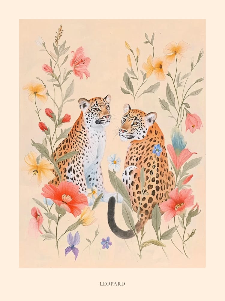 Folkloristische Florale Tierzeichnung Leopard 2 Poster