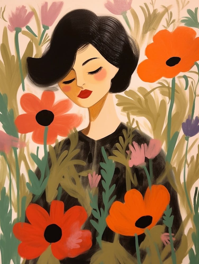 Frau mit Herbstblumen Mohn 1