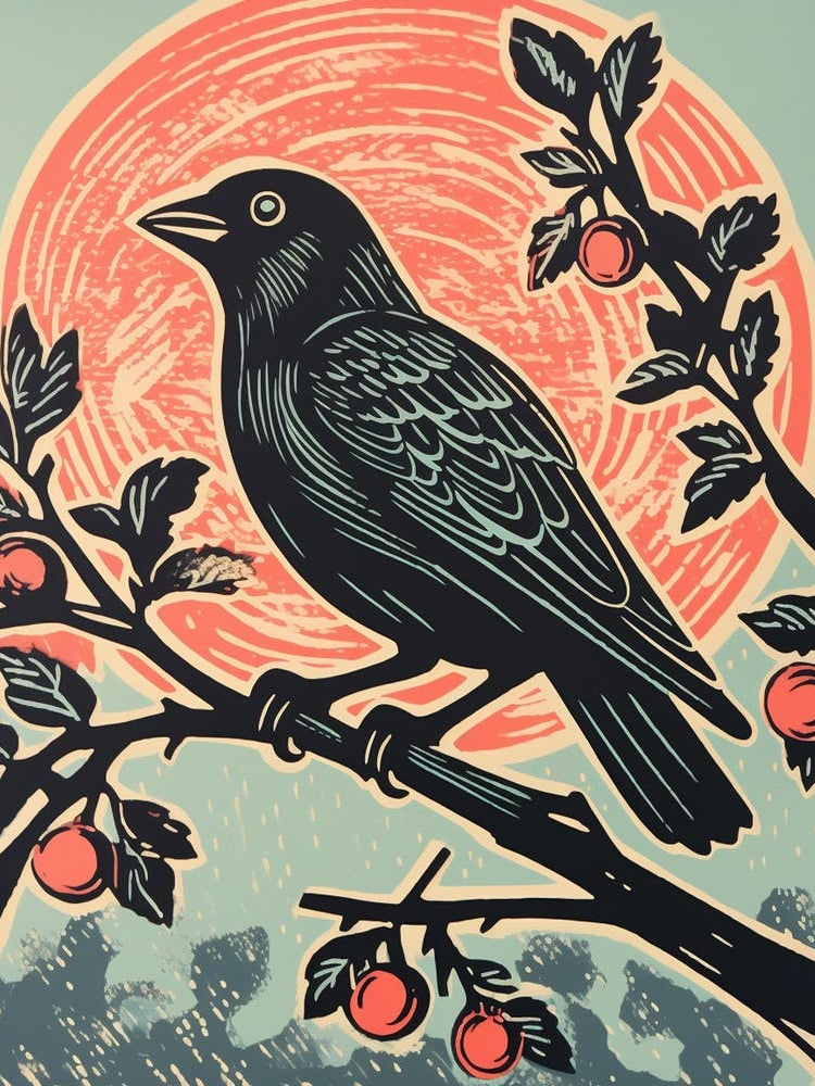 Vintage Bird Linocut Cowbird 3