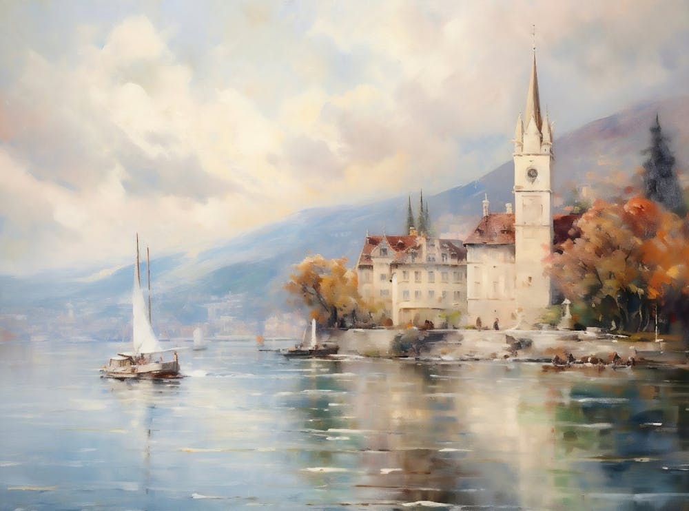 Vintage French Landscape Oil Painting, Lake Village Landscape Print, Antique Country Painting, Rustic Printable Artwork, Digital Download
