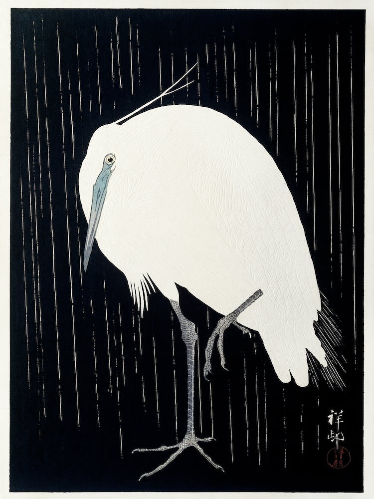 Egret In The Rain, Ohara Koson Vintage Japanese