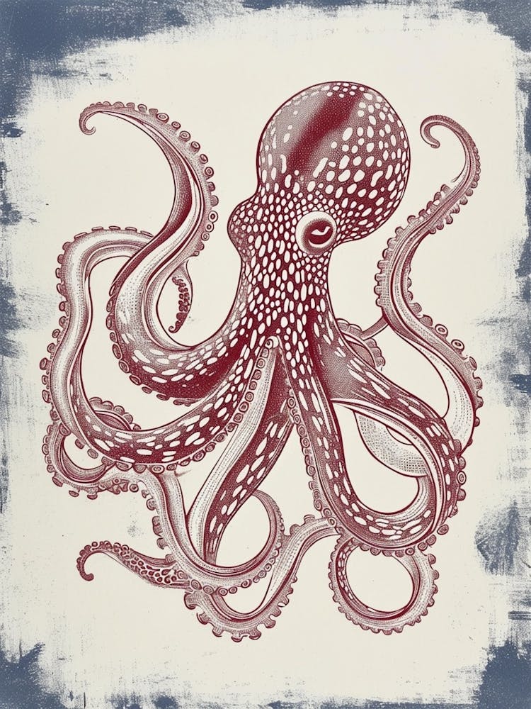 Retro Red Navy Octopus Linocut Style 2