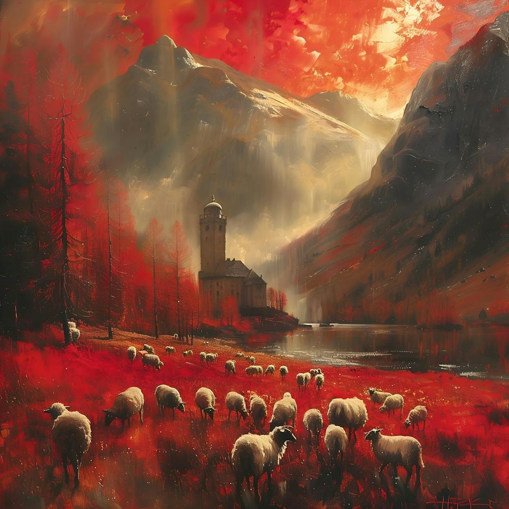 Moutons dans les Montagnes, Aux Couleurs Chaudes, Impressionism, Surrealism