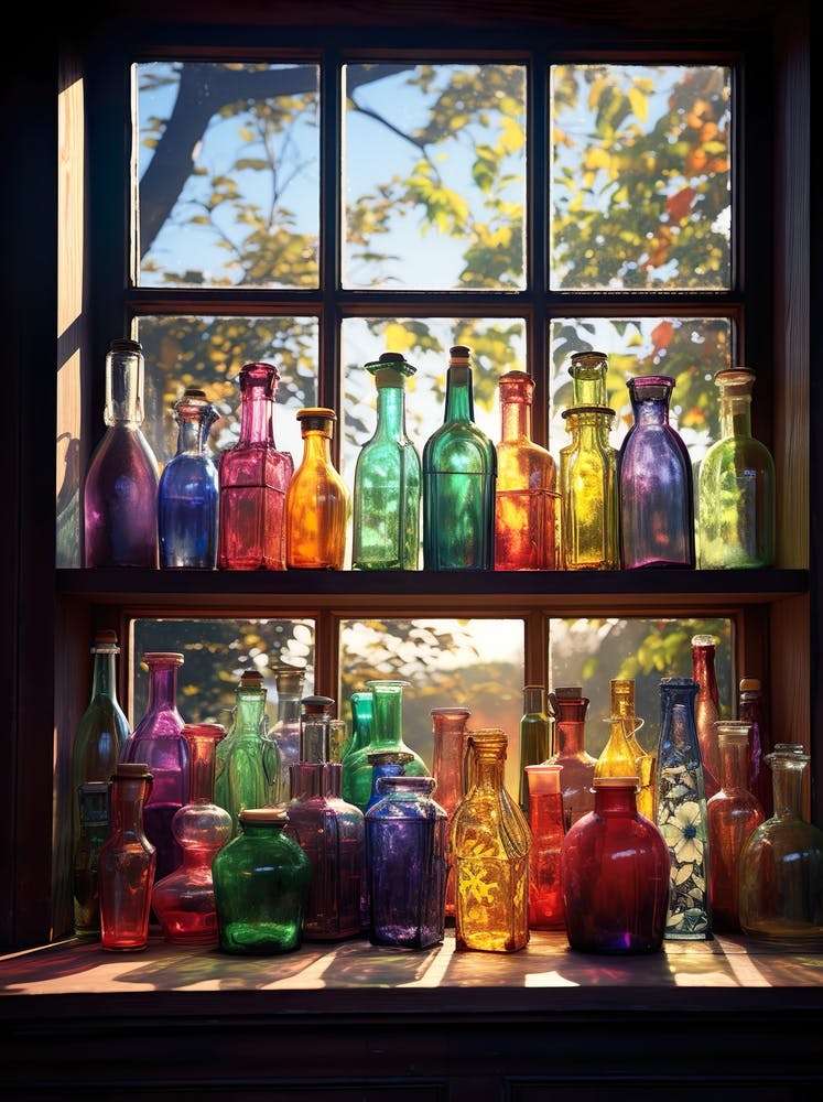 Glass Bottles On Window Sill