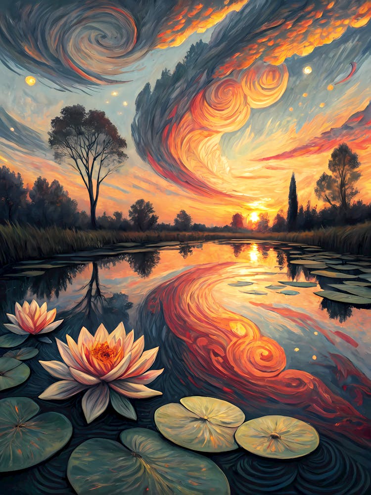Van Gogh Lotus Pond Sunset Sky & Water Reflections
