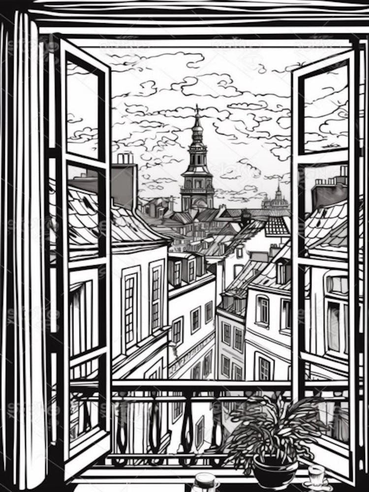 Window View Of Copenhagen Denmark   Black And White Colouring Pages Line Art 2