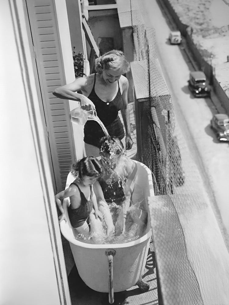Bathing in Tub Outside on Porch, Vintage Black and White Old Photo