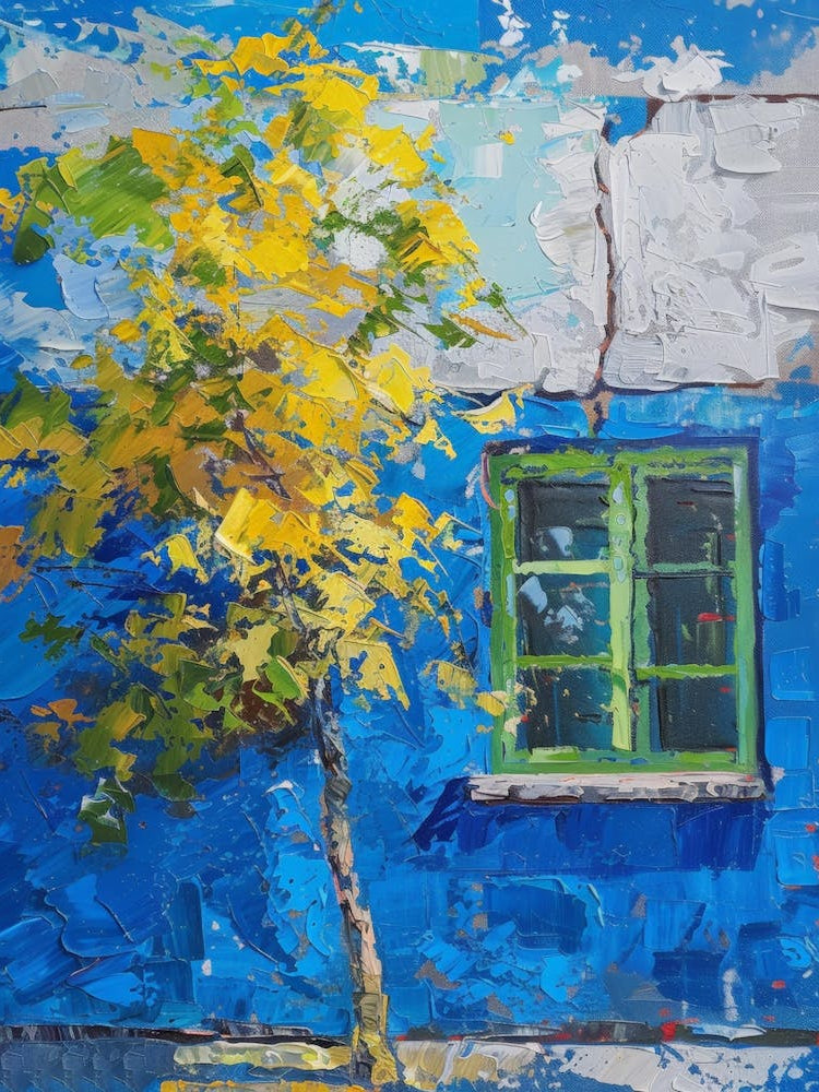 Tree In Front Of Blue House 1