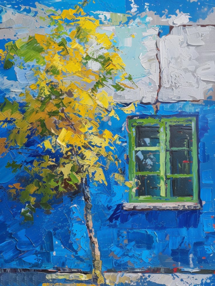 Tree In Front Of Blue House 1