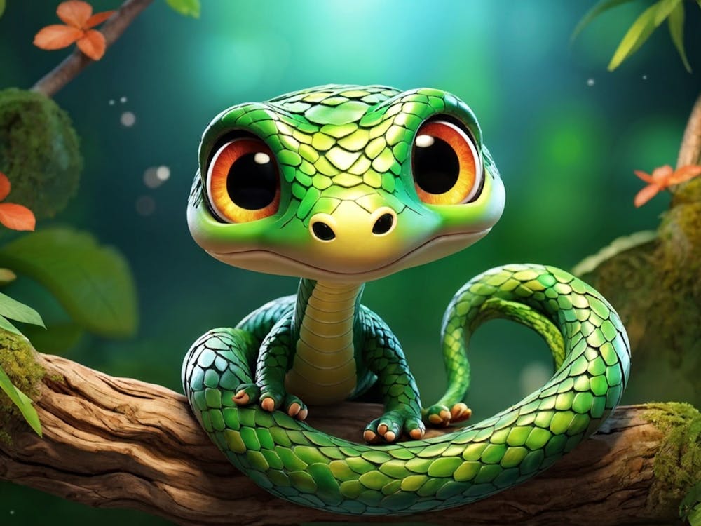 Animated 3d Baby Snake With A Knot In Its Middle Green Eyes And A Playful Demeanor Perched On A Wh
