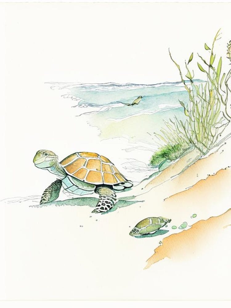 Foraging Sea Turtles, Sea Turtle Pencil Illustration 1