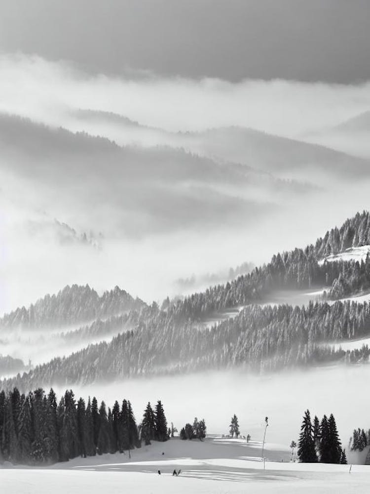 Val Gardena, Italy Black And White Skiing Poster