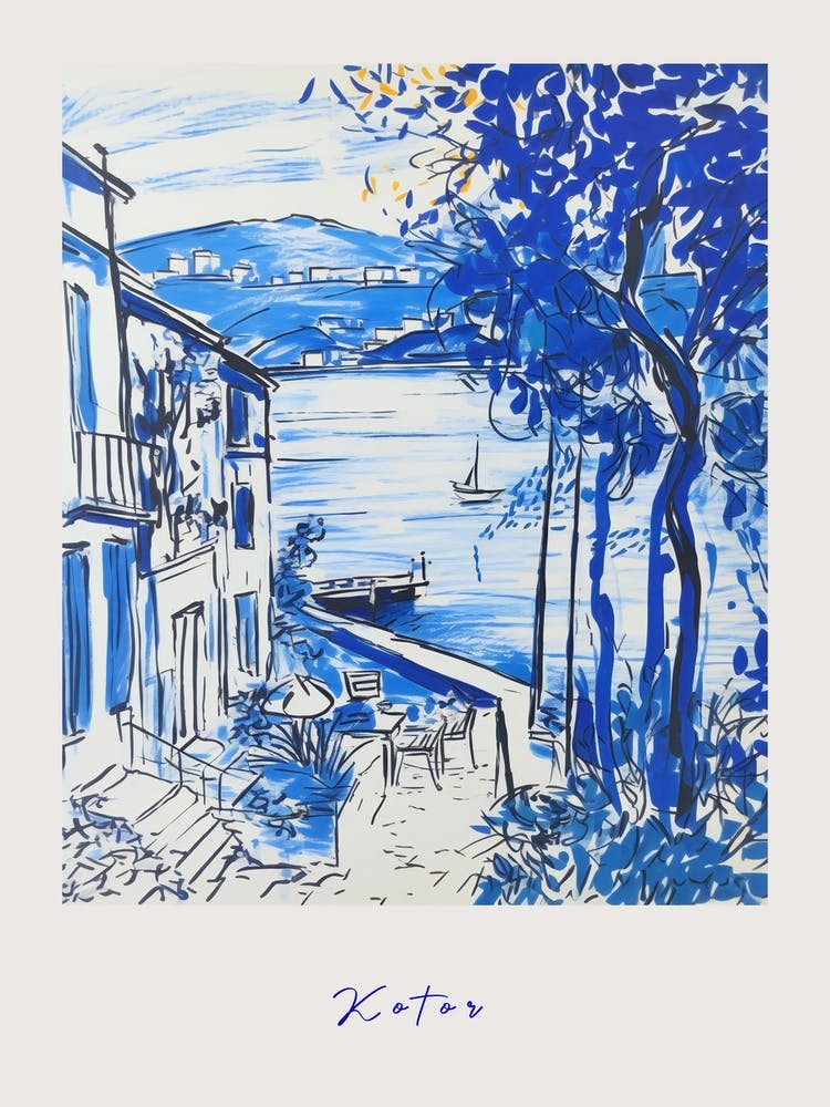 Kotor Montenegro Mediterranean Blue Drawing Poster