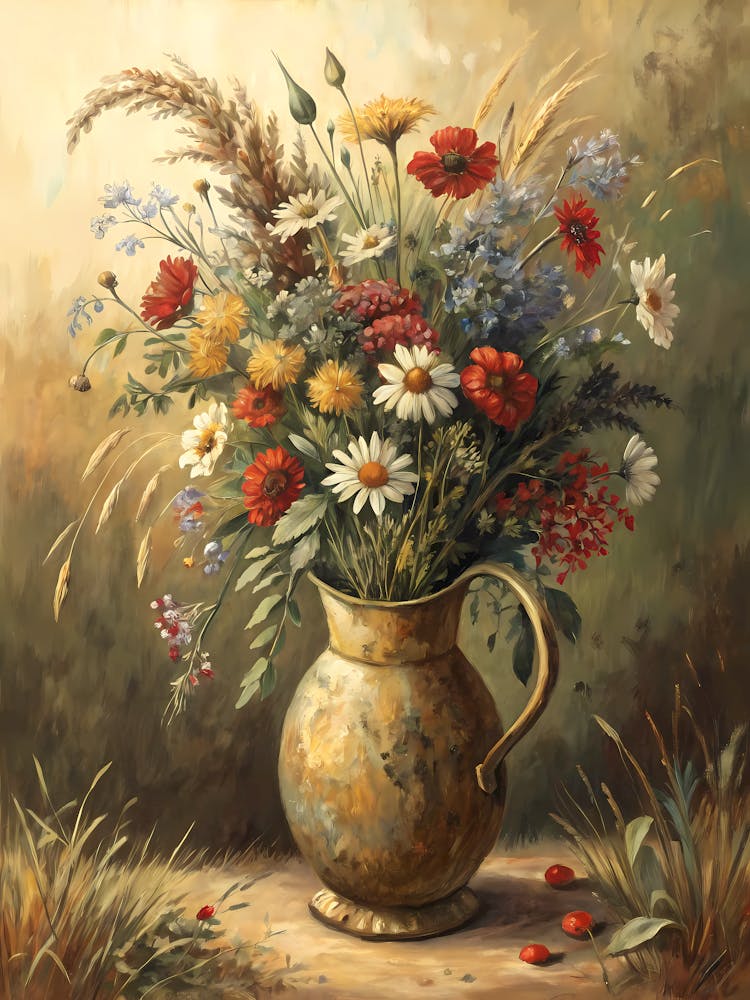 Oil Painting Style Rustic Bouquet In Antique Pitch