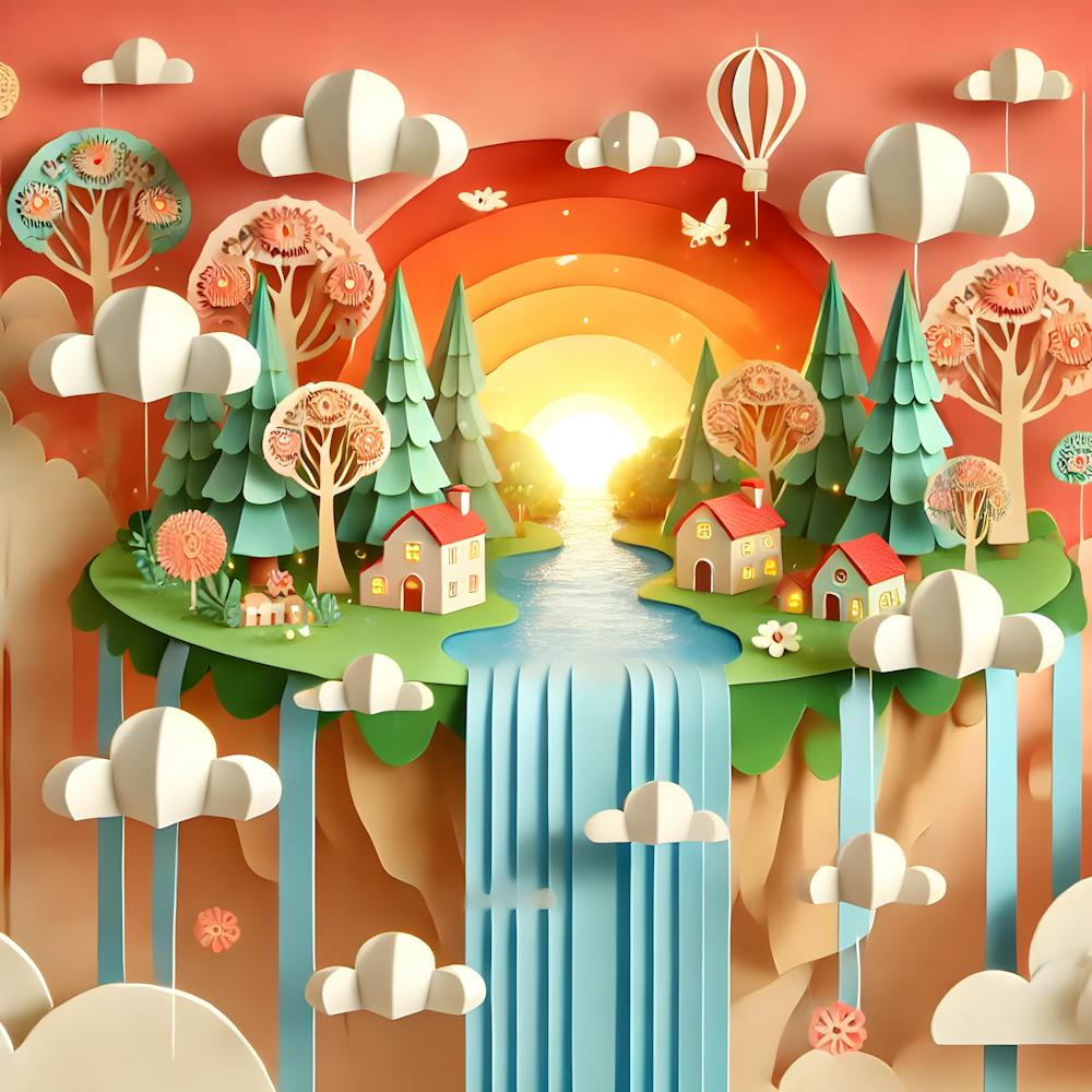 A Charming Floating Island In Dreamy Paper Cut Outs Style