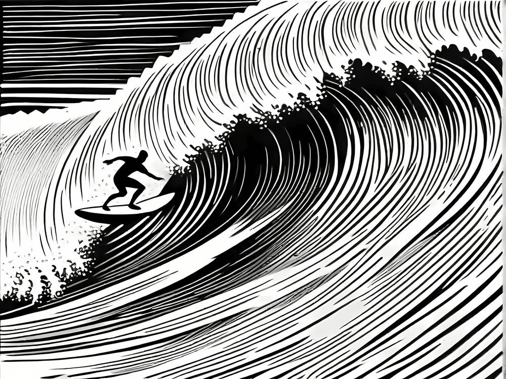 Linocut Black And White Surfer On A Wave art, surfing art, 2