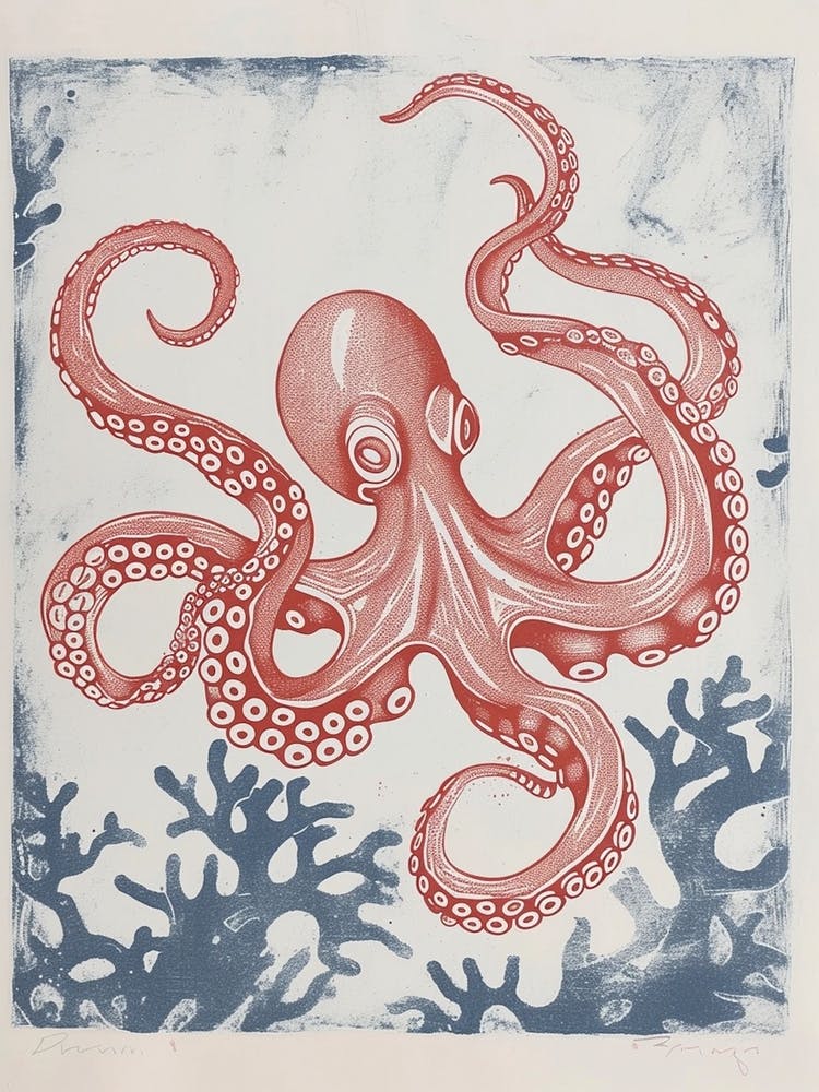 Red & Blue Octopus Retro Linocut Inspired 5