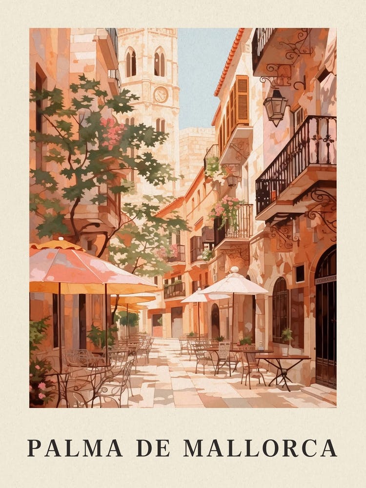 Palma de Mallorca, Spanien 1 Vintage-Pink Reiseillustration Poster