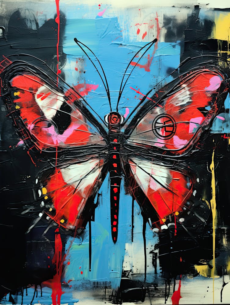 Schmetterling rot, blau und schwarz im Stil von Basquiat