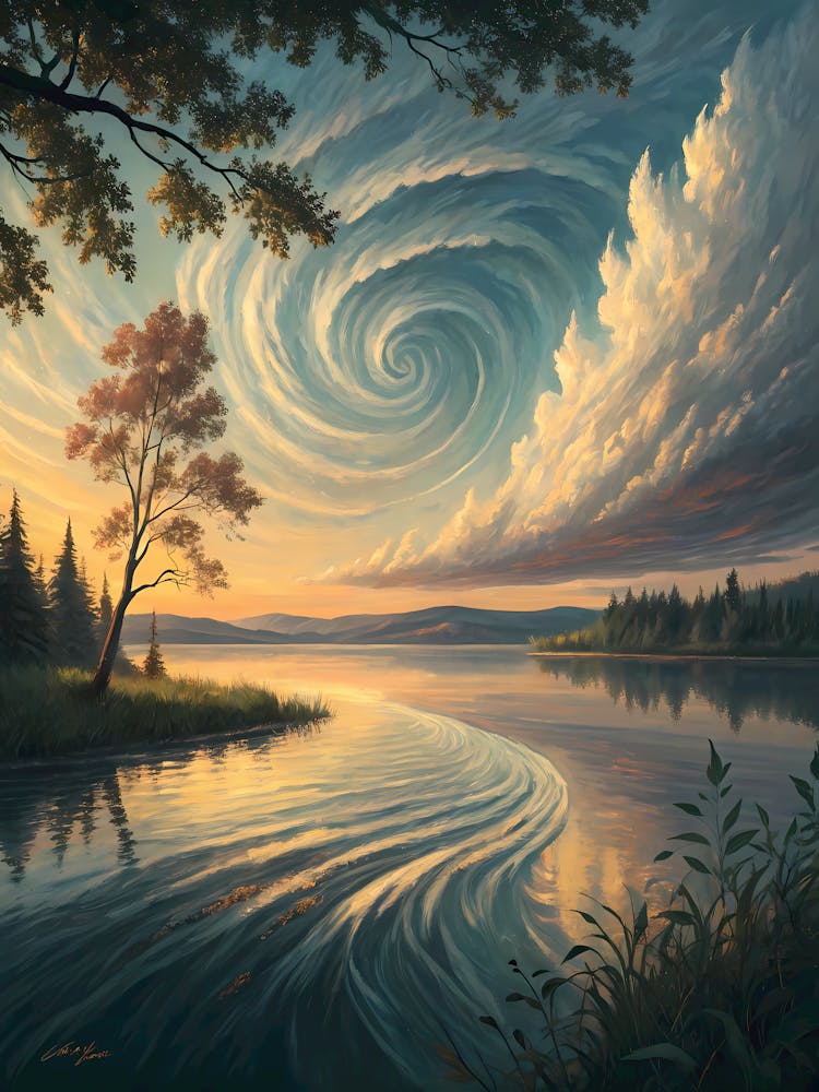 Swirling Wind Lake Landscape Oil Painting