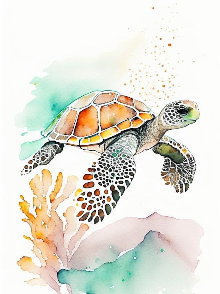 A Single Sea Turtle In Coral Reef, Sea Turtle Minimalist Watercolour 2