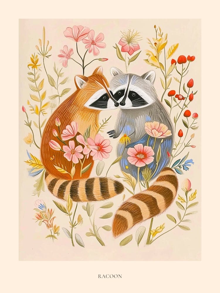Folksy Floral Animal Drawing Racoon 3 Poster