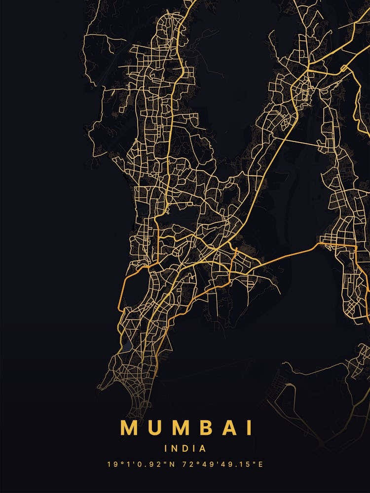 Mumbai India Black And Gold Map