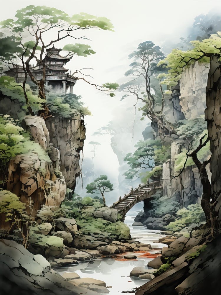 Akiyoshido Cave In Yamaguchi, Japanese Brush Painting, Ukiyo E, Minimal 1