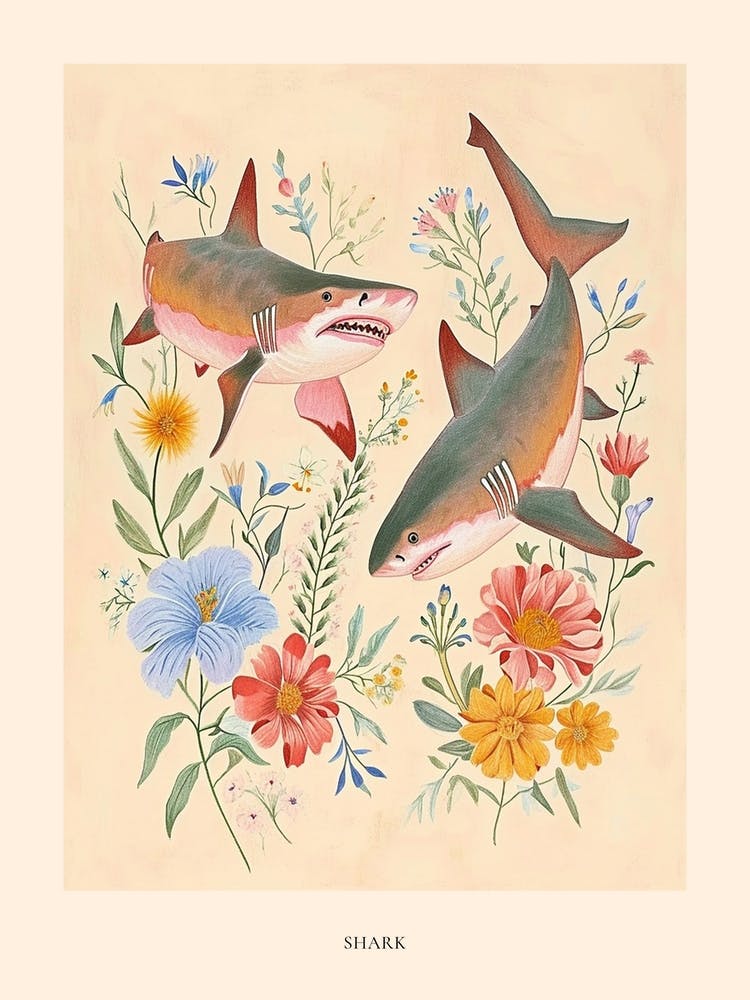 Folksy Floral Animal Drawing Shark 2 Poster