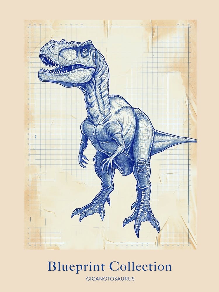 Giganotosaurus Dinosaur Blue Print Sketch 1 Poster