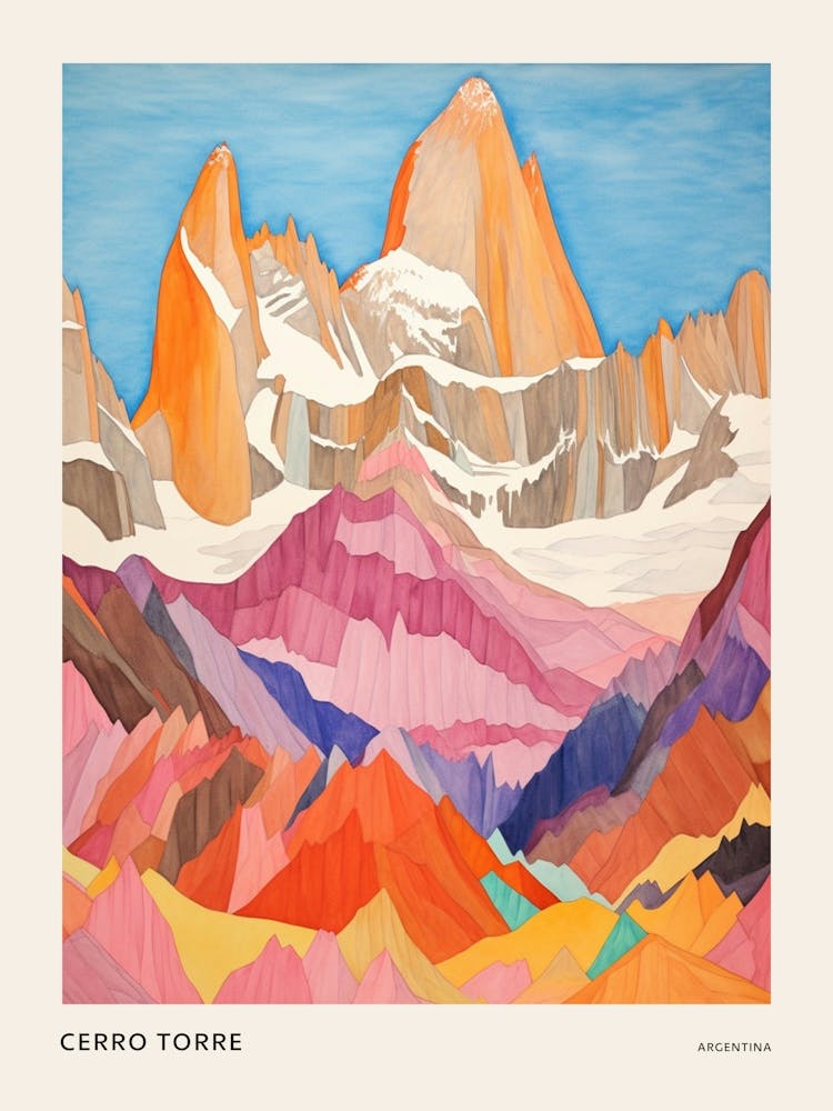 Cerro Torre Argentina And Chile Colourful Mountain Illustration Poster