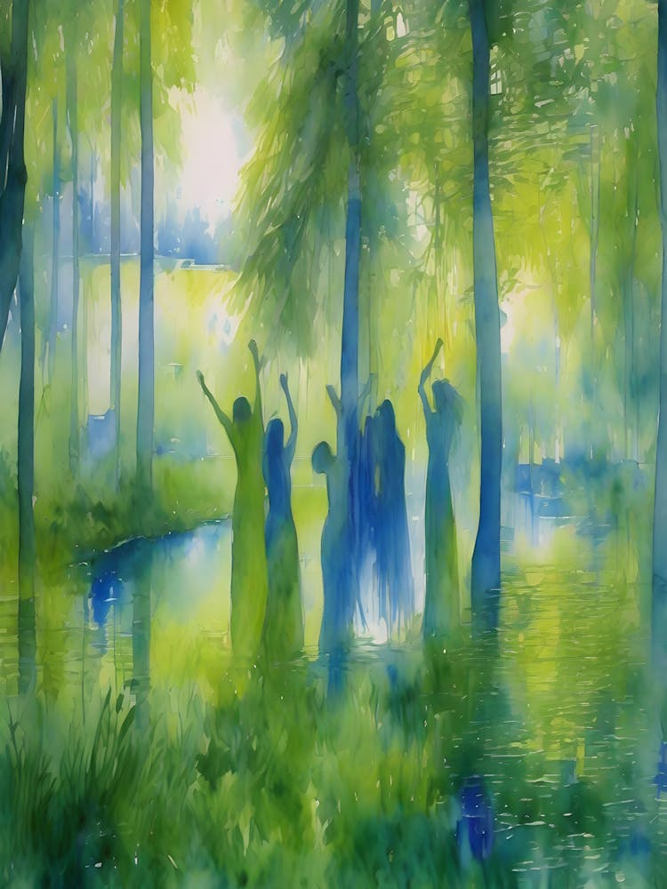 Dryads Optical Illusion Women Nymphs Trapped in the Woods Camouflaged Watercolor Awaiting a Victim Wailing Sirens - Interesting Impressionism Green Blue Birch and Willow Tree Forest and Lake - Pagan Feature Gallery Wall Siren Calling HD 2