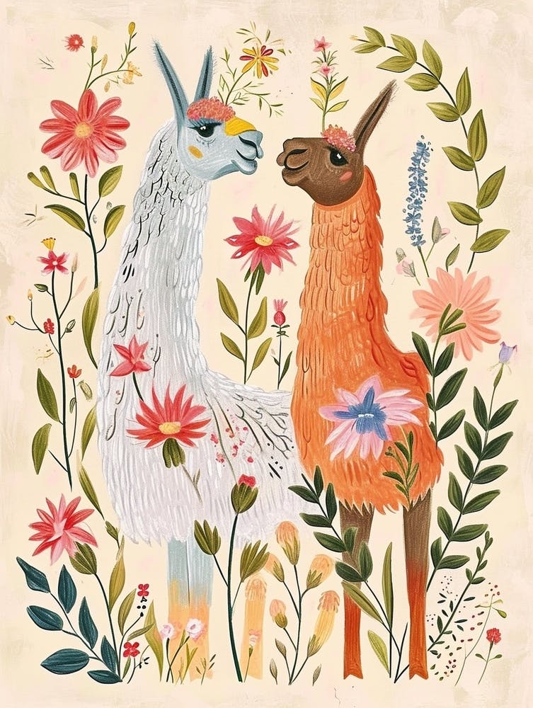 Folksy Floral Animal Drawing Llama 4