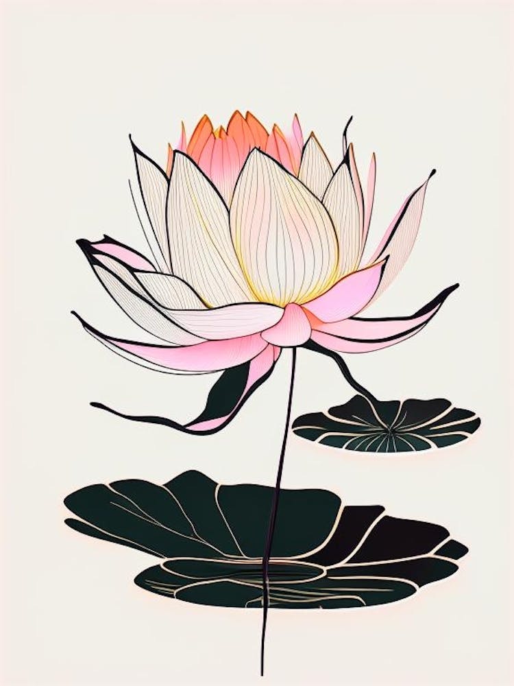 Blooming Lotus Flower In Lake Abstract Line Drawing 2