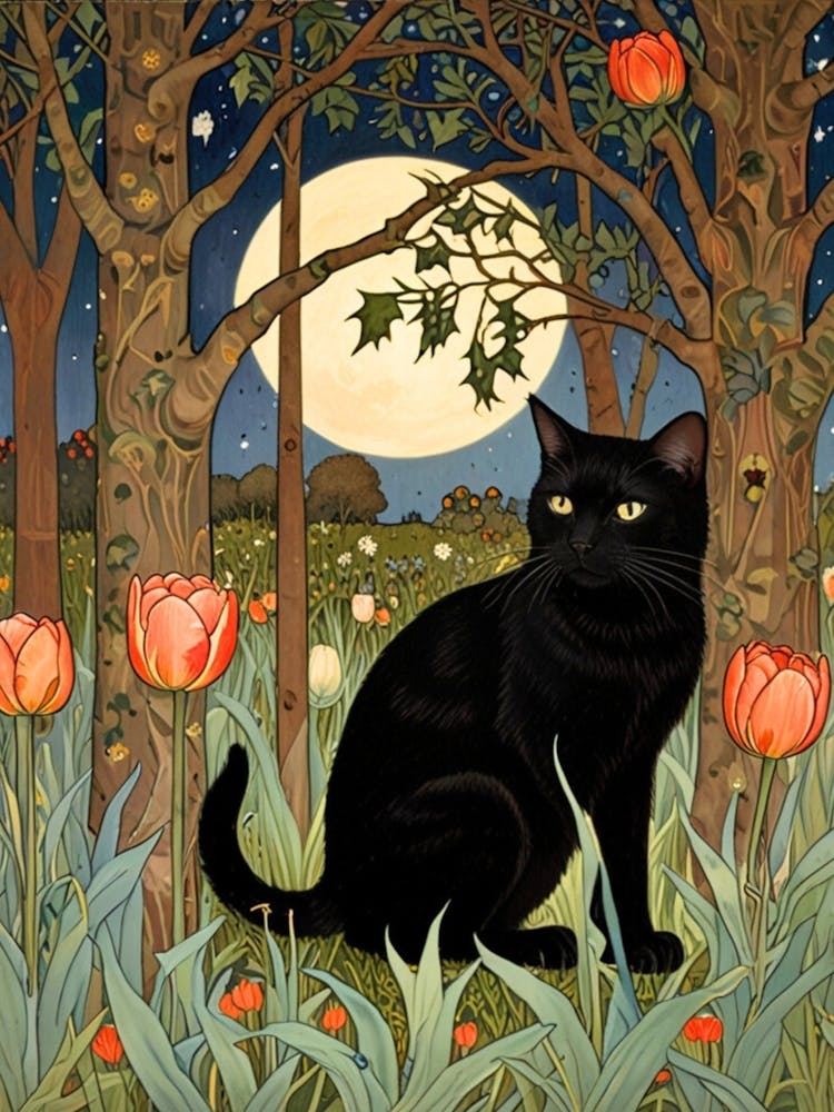 William Morris Black Cat In Red Flowers Art Print by Ka Nguyen – Fy!
