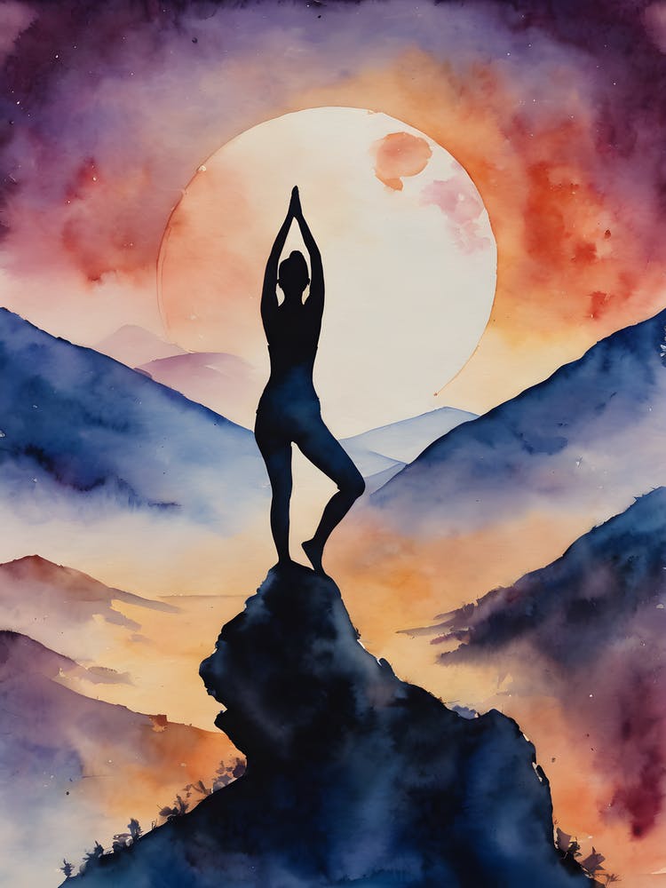 Yoga at Full Moon - Contemplating Serenity Calm Yogi Pose Meditating Spiritual Grounding Heart Open Buddhist Indian Travel Guidance Wisdom Peace Love Witchy Beautiful Watercolor Woman Trees Blue Silhouette