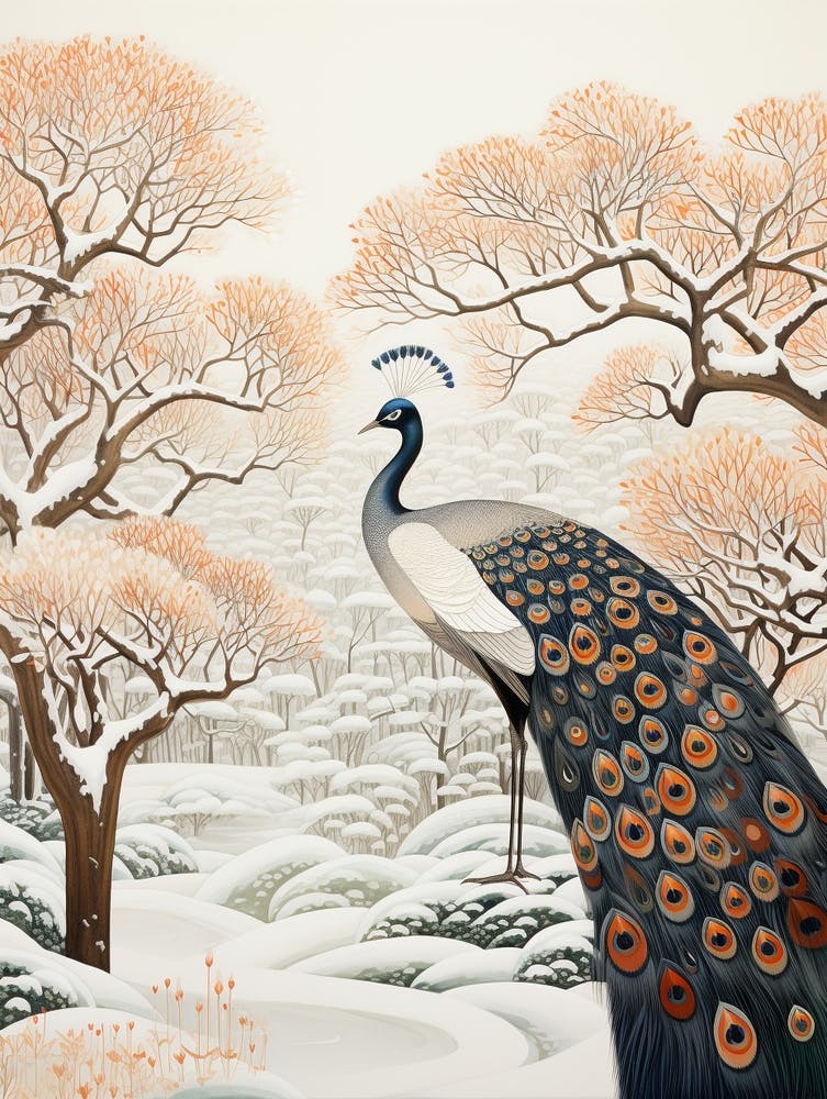 Peinture d'oiseau d'hiver Paon 1