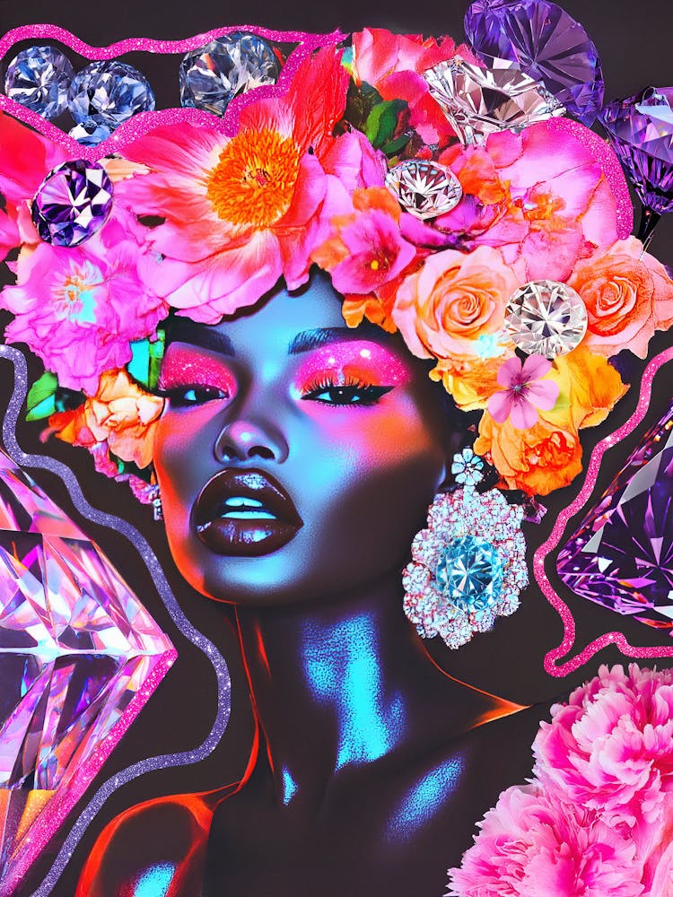 Collage Pop Diamond Glitter Queen – Neon Floral Fantasy, Futuristic Beauty, Luxe Crystals & Bold Glam