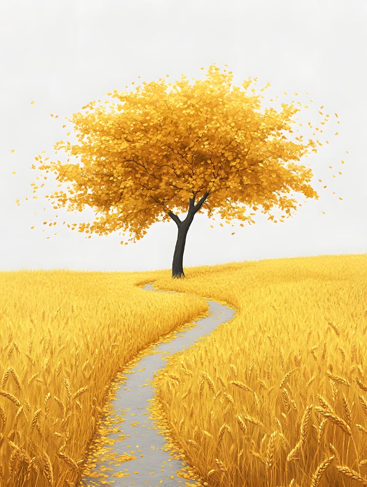 Yellow Tree In Wheat Field